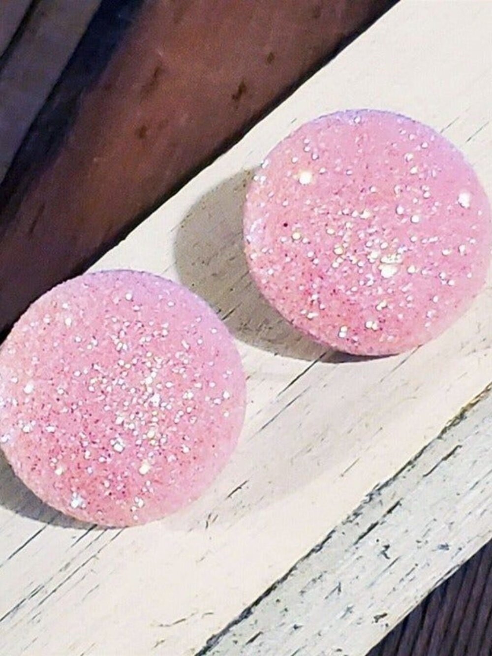 Light Pink Fabric Button Earrings Retro 80s Club Glam Disco Sparkly - Picture 3 of 9